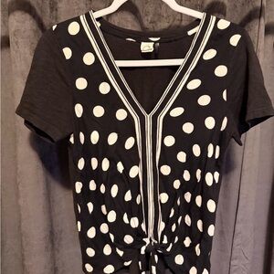 Anthropologie Black and White Polka Dot V-Neck Top